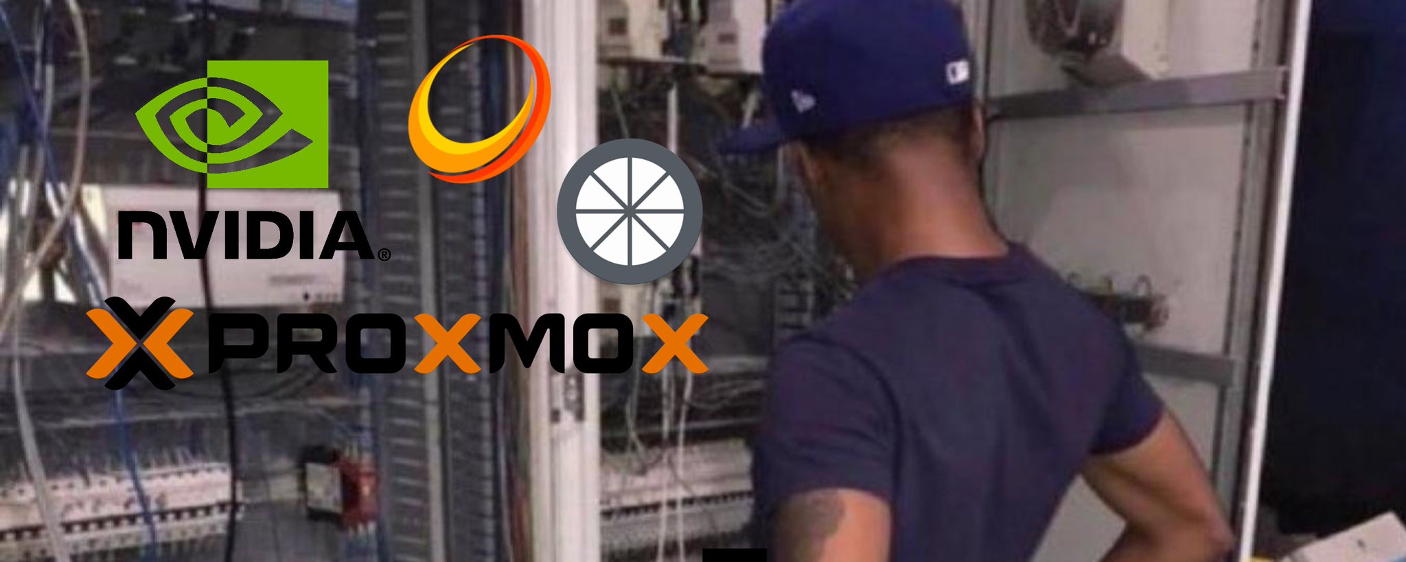 NVIDIA and Proxmox logos over a photo of a man working at a server rack